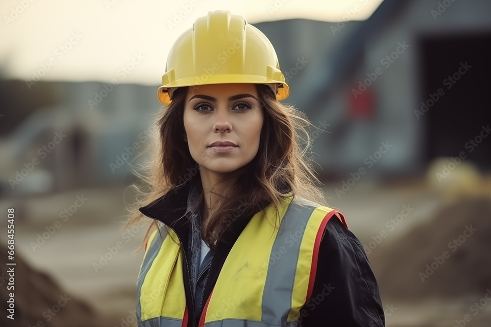 Portrait caucasian young engineer or architect woman standing in construction site, construction worker, inspector or builder check and examining construction site, industrial concept. Portrait caucasian young engineer or architect woman standing in construction site, construction worker, inspector or builder check and examining construction site, industrial concept.