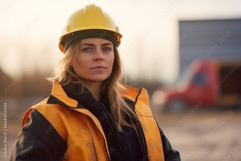 Portrait caucasian young engineer or architect woman standing in construction site, construction worker, inspector or builder check and examining construction site, industrial concept. Portrait caucasian young engineer or architect woman standing in construction site, construction worker, inspector or builder check and examining construction site, industrial concept.