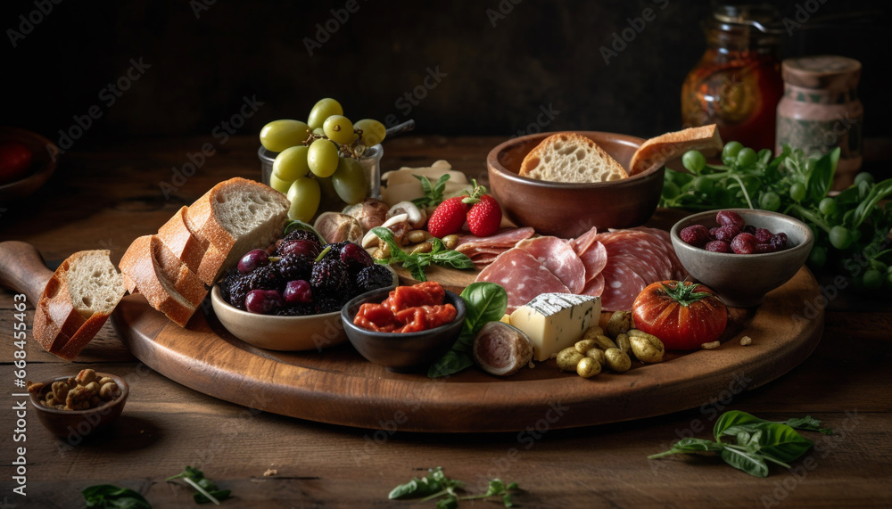 Rustic table with gourmet appetizers prosciutto, salami, ciabatta, grape, tomato generated by AI