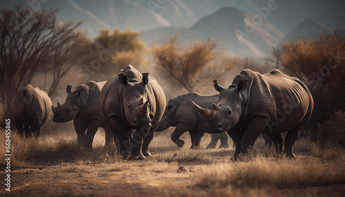 Photo Large mammals grazing in the African wilderness, horned rhinoceros and elephants