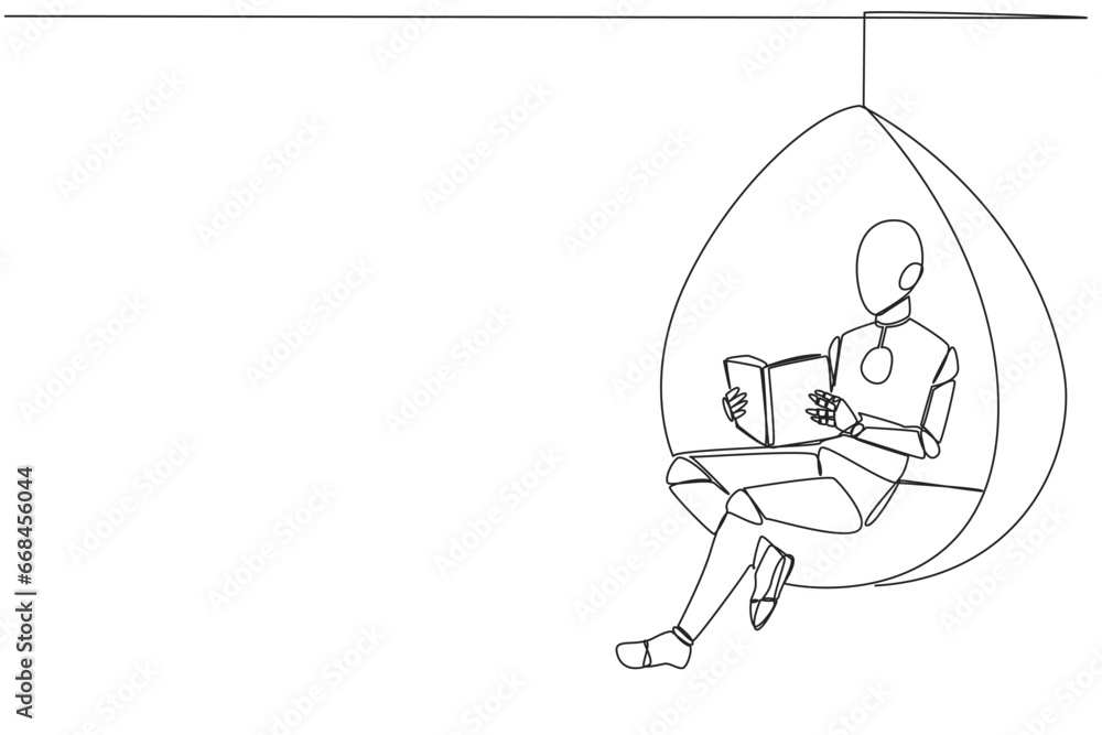 Continuous one line drawing robot sitting relax in hanging chair reading a book. Spending the weekend reading the favorite fiction story book. Love reading. Single line draw design vector illustration