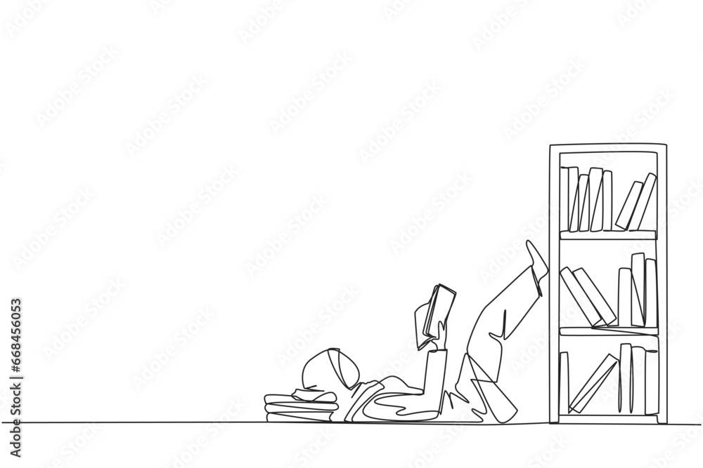 Single one line drawing Arab woman lying on back reading fiction story book near bookcase. Read slowly to enjoy the storyline. Hobby reading. Good habit. Continuous line design graphic illustration Single one line drawing Arab woman lying on back reading fiction story book near bookcase. Read slowly to enjoy the storyline. Hobby reading. Good habit. Continuous line design graphic illustration