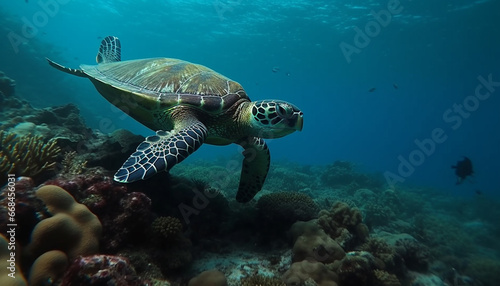 Green hawksbill turtle swims in tranquil coral reef below idyllic Pacific islands generated by AI © Stockgiu