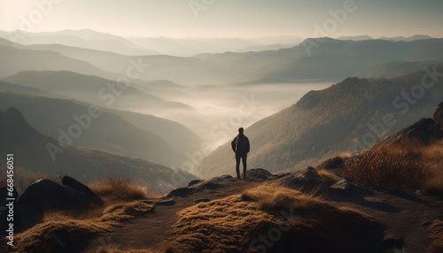 One person standing on mountain peak, backpack, back lit silhouette generated by AI