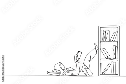 Single one line drawing Arab woman lying on back reading fiction story book near bookcase. Read slowly to enjoy the storyline. Hobby reading. Good habit. Continuous line design graphic illustration