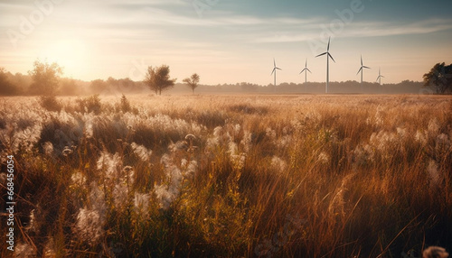 Wind turbine powers farm, generating sustainable electricity in tranquil meadow generated by AI