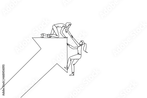 Continuous one line drawing businesswoman helps colleague climb rising arrow symbol. Compact team work. Positive effect on company. Complete work correctly. Single line draw design vector illustration