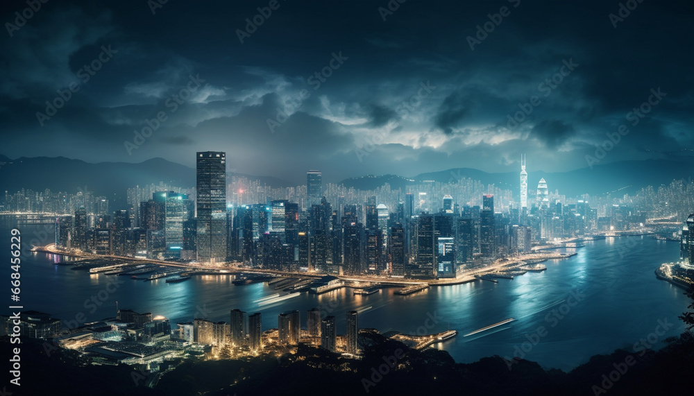 Modern city skyline illuminated by sunset over waterfront and skyscrapers generated by AI Modern city skyline illuminated by sunset over waterfront and skyscrapers generated by AI
