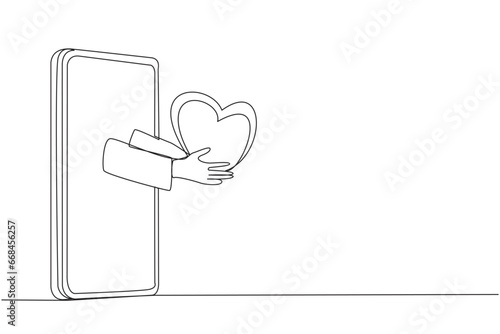Single continuous line drawing hand coming out from the middle of the smartphone holding a heart. Metaphor favors services during online transactions. Satisfaction. One line design vector illustration