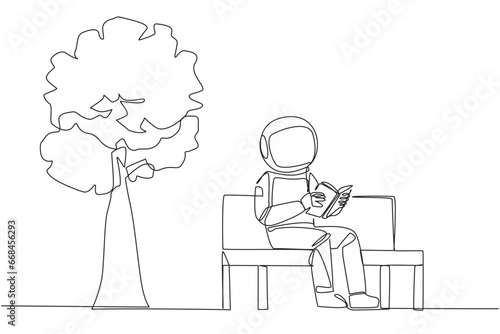 Single one line drawing astronaut sitting on park bench reading book. Learn by re-reading textbook. Read to get maximum marks. Reading increase insight. Continuous line design graphic illustration