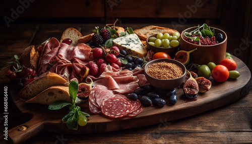 Rustic plate of gourmet delicatessen prosciutto, salami, ciabatta, tomato, grape generated by AI