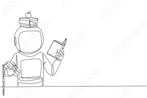 Single one line drawing astronaut reading book practicing balance. Stack books on top of head along with the apple. Balancing reading rhythm, train focus. Continuous line design graphic illustration