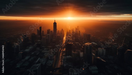 Modern city skyline illuminated by sunset, high angle aerial view generated by AI