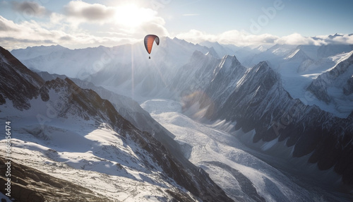 Men paragliding high up in mountain range, feeling exhilaration and freedom generated by AI