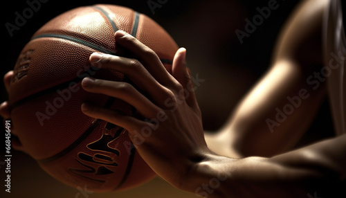 Basketball player holding ball, competing indoors with team, focusing intensely generated by AI