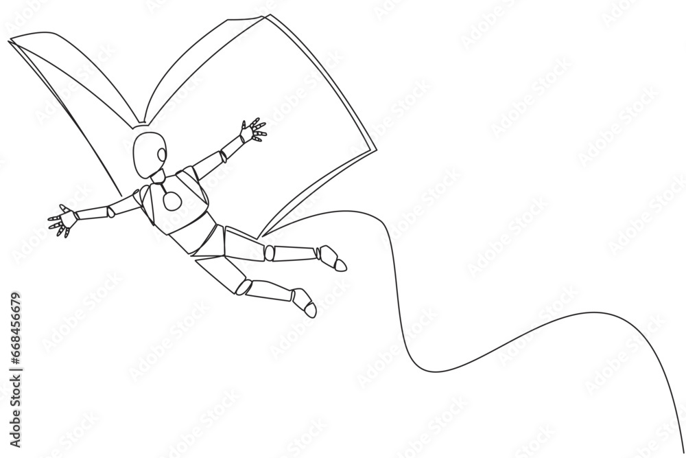 Single one line drawing smart robot flying with wings that come from open big book. The metaphor carried away with the storyline. Constructive fantasy. Continuous line design graphic illustration Single one line drawing smart robot flying with wings that come from open big book. The metaphor carried away with the storyline. Constructive fantasy. Continuous line design graphic illustration