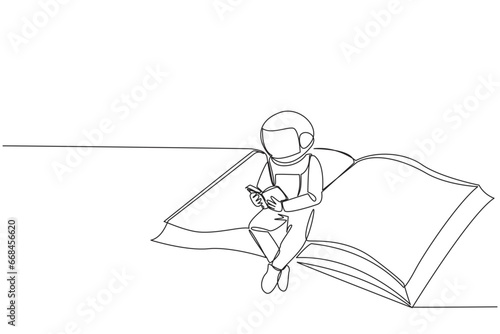 Single continuous line drawing astronaut sitting reading on a large flying book. Relax reading like on a carpet flying into the sky. Cosmic galaxy outer space. One line design vector illustration