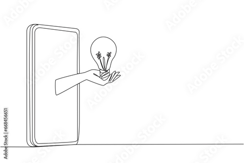 Single one line drawing the hand comes out from the middle of the smartphone holding the lightbulb. Idea for developing online buying selling application. Continuous line design graphic illustration