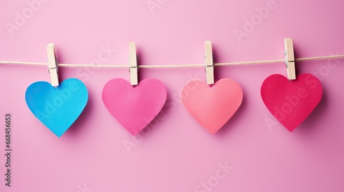 colorful hearts on rope with clothespins, on a pink background. Place for text, copy space.