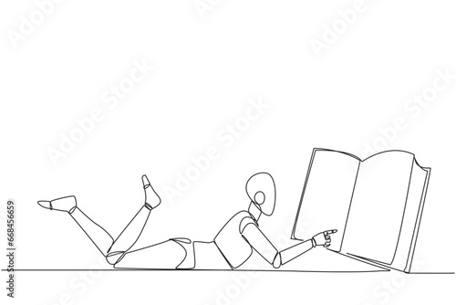 Single continuous line drawing smart robot lying on stomach reading big book. Enjoy reading books in a variety of styles. Reading increases insight. Love reading. One line design vector illustration