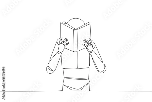 Continuous one line drawing robot seriously reading book until cover the face. Nervous when facing the final exams. Try to focus. Reading increase insight. Single line draw design vector illustration