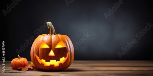 Empty wooden table with pumpkin for product display. Halloween background. Generative AI