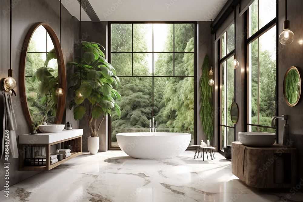 luxury modern bathroom with rich natural light wooden beams and minimalist features views of pine forest luxury modern bathroom with rich natural light wooden beams and minimalist features views of pine forest