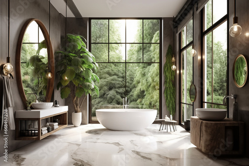 luxury modern bathroom with rich natural light wooden beams and minimalist features views of pine forest