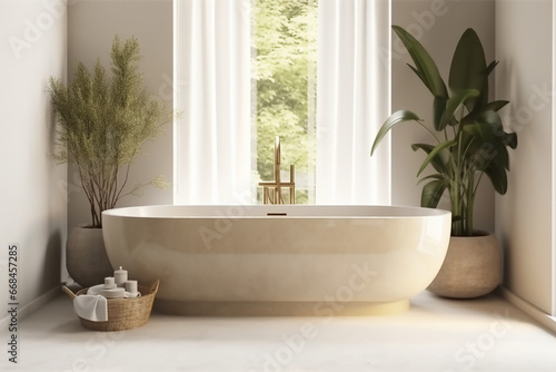 Generative AI. Beige bathroom interior with sink and bathtub on grey concrete floor. Modern bathing area with decoration  partition and panoramic window.