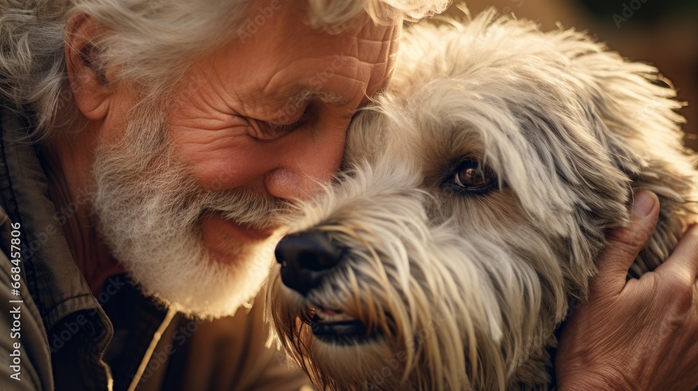 A senior man sharing a heartfelt moment with his pet dog, Generative AI A senior man sharing a heartfelt moment with his pet dog, Generative AI