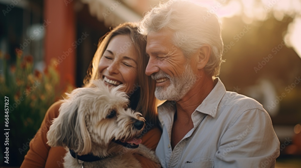 Senior couple cherishing a moment with their furry companion, warmth glowing in the golden light, Generative AI Senior couple cherishing a moment with their furry companion, warmth glowing in the golden light, Generative AI