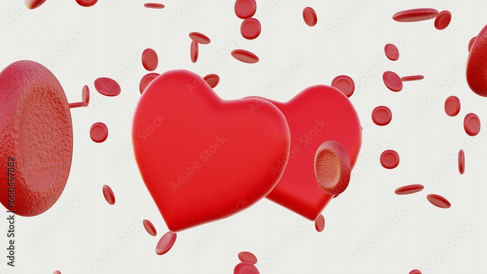 Isolated 3D rendering of a red heart shape with erythrocytes, or red blood cells.