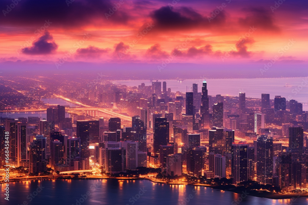 Fototapeta premium Experience the wonder of a city's skyline from above, where urban beauty meets a breathtaking panoramic view Created with generative AI tools.