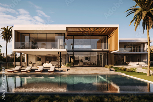 A contemporary house with a backyard featuring a stylish blend of wood and glass elements  a modern architectural design Created with generative AI tools.