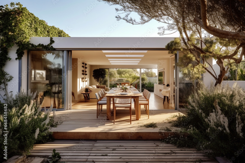 Indulge in outdoor dining at its finest within a modern garden house, where elegance and nature converge for a delightful meal Created with generative AI tools.