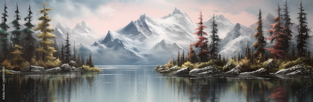 Immerse yourself in lakeside serenity with a gorgeous view of a mountain, tall trees, and a tranquil lake. Nature's beauty at its best Created with generative AI tools. - obrazy, fototapety, plakaty 