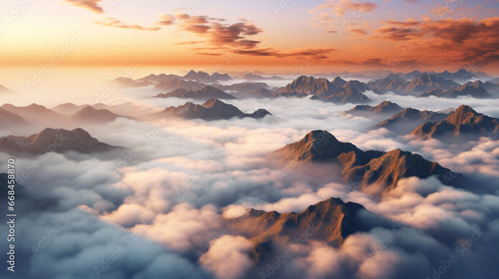 A picturesque scene capturing the beauty of mountains against a serene sky backdrop with graceful birds in flight.