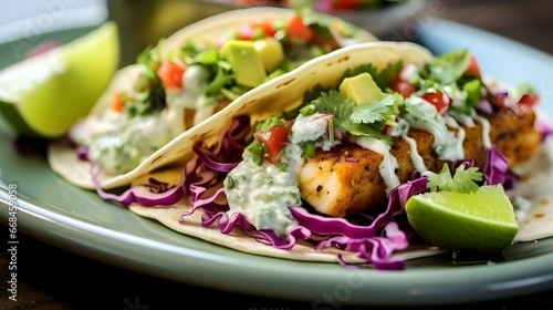 Close up of fresh fish tacos with coleslaw, avocado, salsa and lime creme in a flour tortilla on blue plate photo