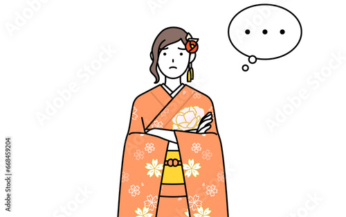 Hatsumode at New Year's and coming-of-age ceremonies, graduation ceremonies, weddings, etc, Woman in furisode with crossed arms, deep in thought.
