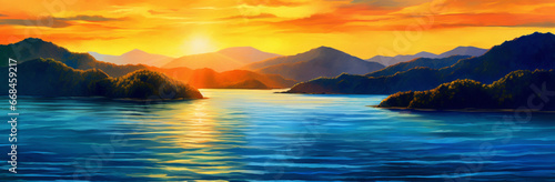 A breathtaking scene as the sun sets over the mountains  casting a golden glow above the sea  creating a mesmerizing sunset Created with generative AI tools.