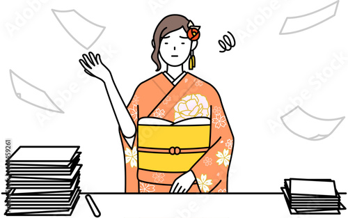 Hatsumode at New Year's and coming-of-age ceremonies, graduation ceremonies, weddings, etc, Woman in furisode who is fed up with her unorganized business.