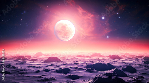 Space with bright moon and stars over the mountainous surface of the planet