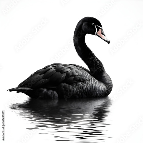 Side view, black swan and tis reflection in water, isolated on white background. 