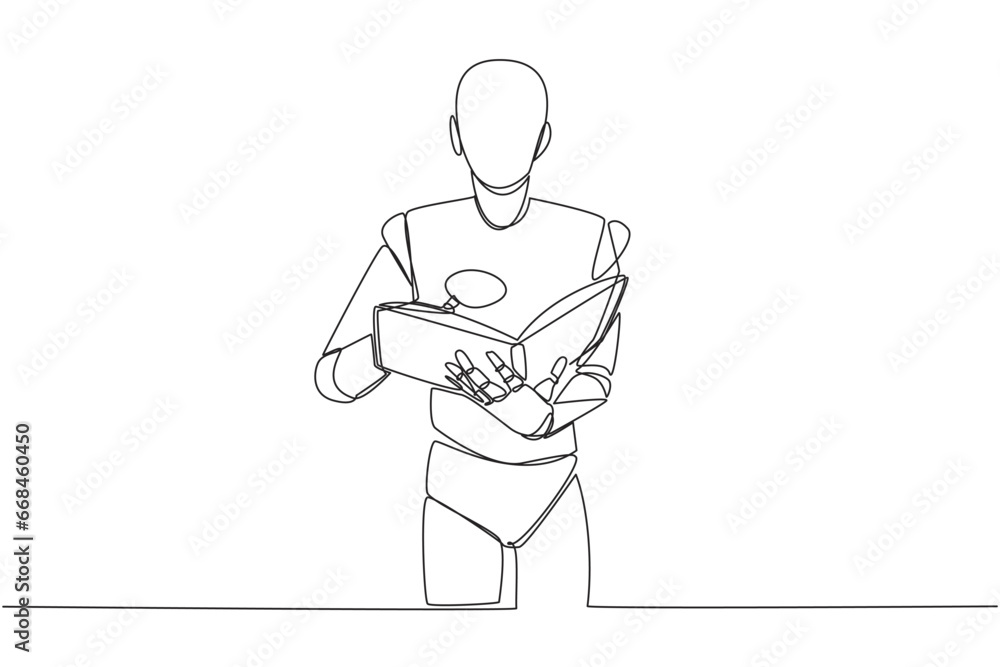 Single continuous line drawing smart robot reading book while holding a ...