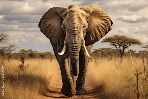 An elephant walking along a path in the savannah