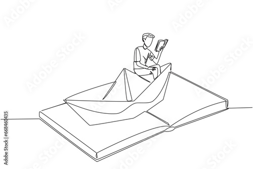 Continuous one line drawing man reading a book on a paper boat. Maintain the good habits. The metaphor of reading can explore oceans. Book festival concept. Single line draw design vector illustration