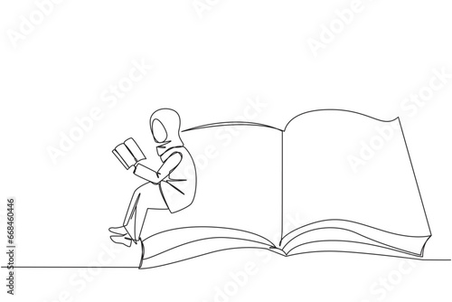 Single one line drawing Arabian woman sitting on the edge of a large open book. Study before exam time arrives. Read textbooks with focus. Reading is fun. Continuous line design graphic illustration