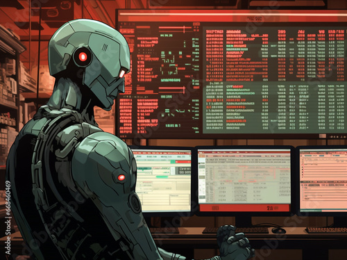 AI robot looking at graphs stocks and shares 