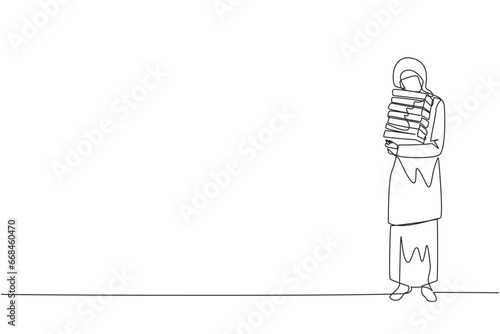 Single continuous line drawing Arabian woman standing hugging some books. Favorite book that finish reading. Some books will be donated to national library. Charity. Knowledge. One line design vector