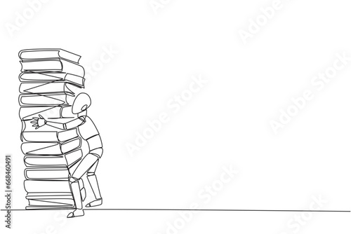 Continuous one line drawing smart robot hugging very high pile of books. Hobby to collecting and reading books. Filling free time with useful things. Read. Single line draw design vector illustration
